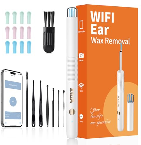 Xylla Ear Wax Removal Kit WiFi Ear Cleaner 1920P FHD Ear Camera,Ear wax remover with 8 PCS Ear Cleaning Kit,Ear Scope Otoscope with 6 LED Lights,Silicone Ear Wax Removal Tool for iOS & Android (White)