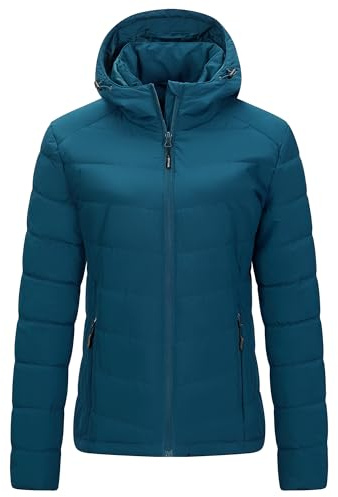 Outdoor Ventures Women's Winter Puffer Jacket Quilted Padded Coat Transitional Insulated Hooded Jackets Windproof Outerwear for Hiking Travel Skiing Dark Cyan M