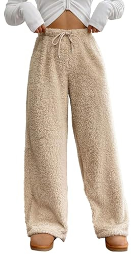 Hose Damen Freizeithose Winter Warme Lockere Bequeme Fleece Hosen Einfarbig High Waist Plüsch Pyjamahose Home Flauschig Elastische Taille Thermohose Haushose Mit Kordelzug,S-XL