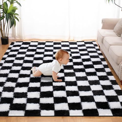 Puremy Teppich Flur Läufer Flauschiger Hochflor, 80x150cm, Schwarz und Weiß