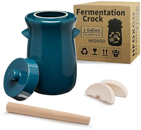HFOXGO Fermentation Crock 3.8Liter/1 Gallon Stoneware Pot for Fermenting, Pickling Kimchi, Pickles, Vegetables, Kombucha - Glazed Fermenter with Stone Weights, Lid & Pickle Tamper-Blue Crock