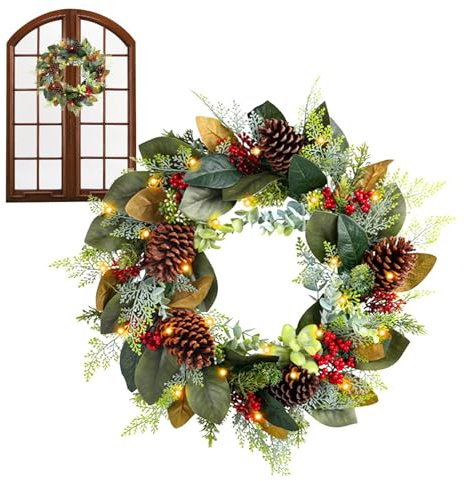 Couronne De Noël Lumineuse pour Extérieur | Décoration 3D Réaliste | Couronnes en Pin Artificielles,pour L'Intérieur Et L'Extérieur Le Porche La Fenêtre La Maison De Campagne Les Fêtes De