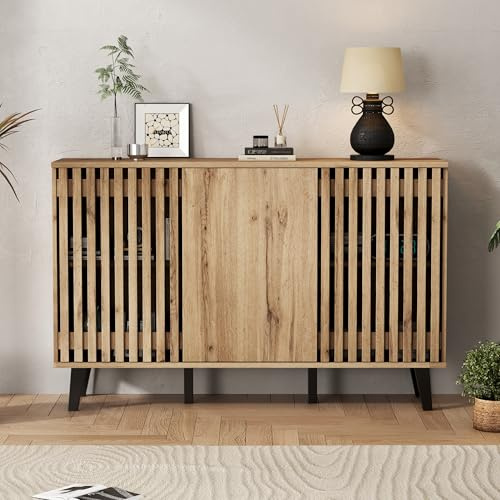 ModernLuxe Vintage Sideboard for Living Room, Wooden Storage Cabinet with 2 Hollow Doors and 1 Solid Wood Door, 6 Compartments for Organised Storage, Unique Design, 150 x 40 x 95 cm