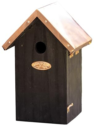 Black Copper Blue Tit Bird House, Wood and Copper Metal, W17cm x H25.5cm x D14cm, Outdoor Nesting Box