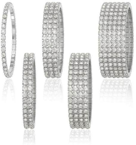 Xindojuz 5 PCS Rhinestone Bracelet for Women, Silver Bangles Bling Tennis Stackable Fake Diamond Sparkly Bracelets for Bridal Wedding Birthday Party Prom, Sparkly Jewelry Set (Silver)
