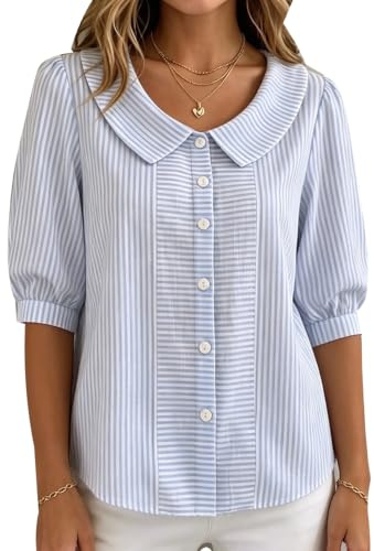 MINTLIMIT Women's Peter Pan Collar Blouses Summer Striped Button Down Shirt | Spring Summer Casual, Stripes, Short Sleeve, Puff Sleeve, Daily Work, Collared Blouses Top, Cotton Linen Shirts