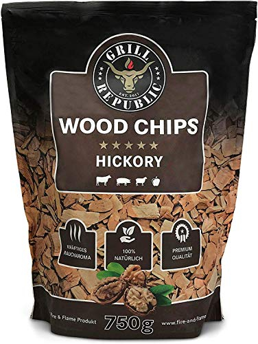 Premium Hickory Räucherchips für optimales Raucharoma beim Grillen | 100% Natürliches Smoker-Holz geeignet für Kugel-, Stand- und Gas-Grill | Extra große 750 Räucherchips Testsieger