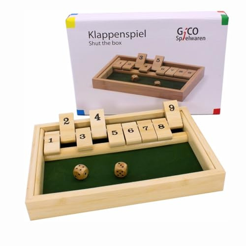 GICO Shut The Box spel/klaffspel av trä. Det välkända tärningsspelet hopfällbar bräda för unga och gamla – 7954