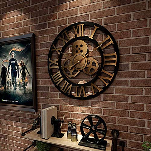 Heaven4you Large Roman Numeral Wall Clock Indoor Open Face Wood Round for Living Room Kitchen Bar Office (Gold, 60cm)