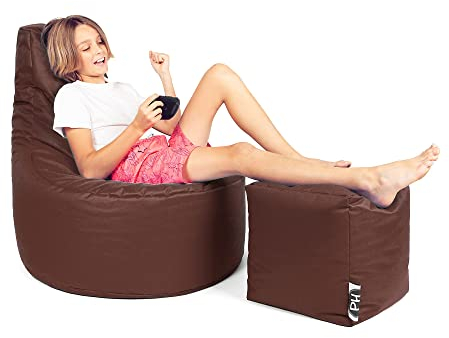 Patchhome Gamer Cushion Lounge Cushion Bean Bag + Cube / Stool with Zip Pre-Filled (Brown, XXL - Diameter 80 cm Armchair + 35 x 35 cm Cube)