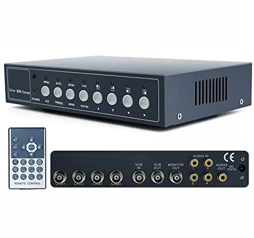 4 Canali Processore Commutatore Multiplexer Quad Video Colori Tempo Reale per Telecamere Sorveglianza, Zoom Digitale, Congelamento Video, Allarme Perdita Video, Rilevamento Movimento, Ingresso Audio