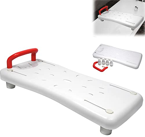 Aufun Planche de Bain de 70 cm de Long, Siège de Baignoire pour Seniors avec Planche d'assise, Porte-Savon et poignée, Chaise de Salle de Bain (Poignée Rouge)