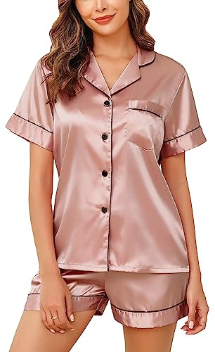 Lovasy Pyjama Satin Femme Short Ensemble Pijamas à Manches Courtes Chemises de Nuit Sexy Chic Été 2 Pièces Vêtements de Nuit en Soie Boutonnée,Sable de Haricot M