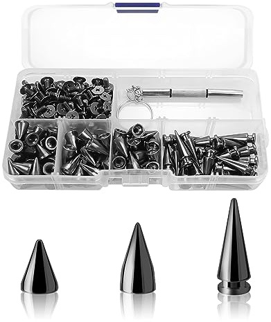 100pcs Spikes Studs 7mm Metal Cone Spikes Rivet, Punk Rock Screw Back Studs for DIY Bags Clothing Leather Craft, with Screwdriver (Black, 3 Size)