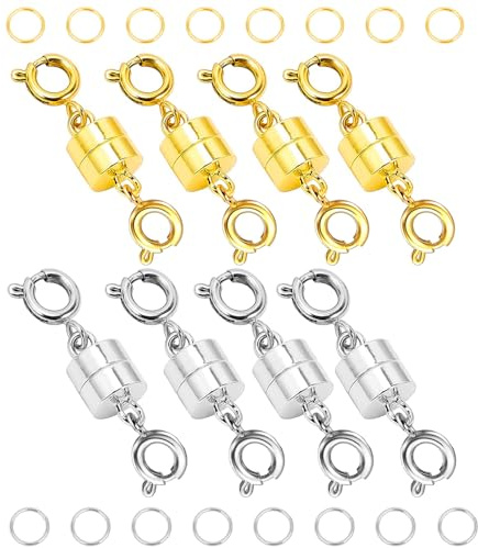AD Beads Double Magnetic Jewelry Clasps and Closures14K Gold Plated and Silver Plated with Jump Rings,Bracelet Extender & Necklace Clasps for DIY Jewelry Making (8 Pcs / 4 Pcs Gold & 4 Pcs Silver)