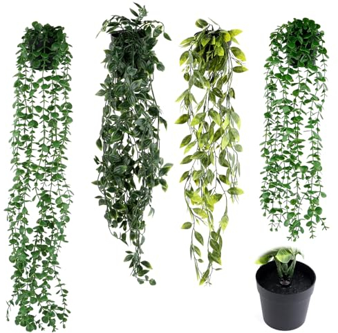 VFANDV 4 Pièces Plante Artificielle Tombante, Fausse Plantes avec Pots 56/65/80/85cm de Long Plantes Artificielles Suspendues Extérieure Intérieure Decoration pour Célébration Cuisine Jardin Bureau
