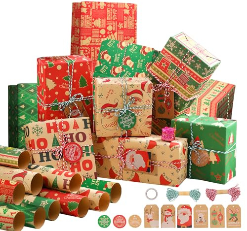 Carta da Regalo Natalizia, dellyy Carta da Regalo Natalizia Vintage, Carta Pacchi Regalo Natale, Carta Regalo Kraft Natale, 10 Fogli Carta da Regalo Natalizia Set con Etichette e Corde