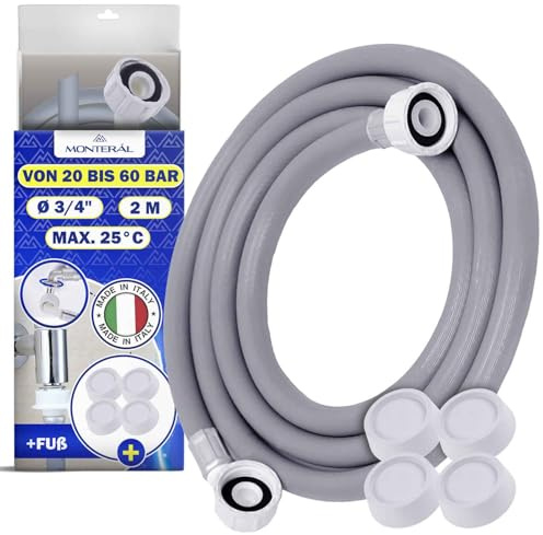 Tuyau Machine à Laver et Lave Vaisselle 2 m pour Arrivee Deau 25°C de 20 à 60 Bar Connexion est Droite et Coudée Ø 3/4 - Complet 4 Patin Anti Vibration Machine à Laver - MADE IN ITALY - MONTERAL