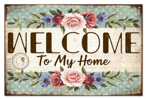 WADORN Cartello In Metallo Vintage Benvenuto A Casa, Divertente Cartello In Latta Retrò Benvenuti A Casa Mia Da 30 x 20cm, con Scritta Benvenuti A Casa Mia e Fiori, Decorazione Da Parete