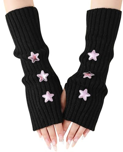 Armvärmare 43 x 8 cm söta stjärnor ärmar halvfinger handledsvärmare kvinnor långärmad Kawaii vit handled stickade ärmar för kvinnor och flickor