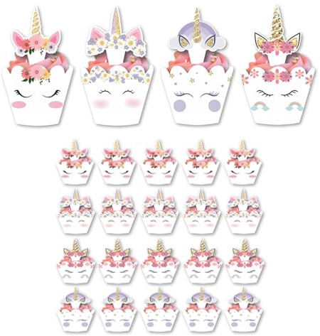 Juego de 24 adornos para magdalenas de unicornio, decoración de tartas, decoración de cumpleaños, decoración de cupcakes para bodas, postres (rosa)