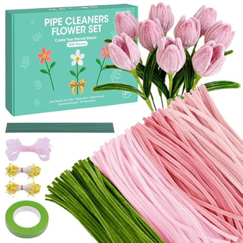Pfeifenreiniger Blumen Set, 500 Stück Pfeifenputzer zum Basteln Pfeifenreiniger zum Basteln mit Schleifenband, Klebeband, Staubblätter, Blumendraht, Blumenpapier, Anleitung zum Blumenbasteln, Rosa