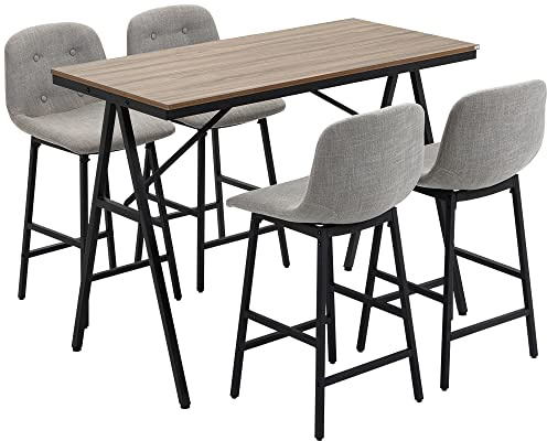 HOMCOM Ensemble Table de Bar avec 4 Tabourets, Table à Manger Debout avec 4 Chaises Rembourrées, Pieds en Acier, Style Industriel, Table Haute Bar pour Salle à Manger, Cuisine, Gris Clair