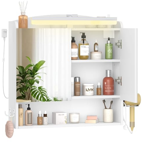 Hzuaneri Spiegelschrank Bad mit Beleuchtung, Badezimmerschrank mit Spiegel, Wandschrank, Haartrockner-Halter und Haken, mit Stecker, Verstellbarer Etagen, Weiß, 16,5 x 70 x 75 cm MC10103XEU
