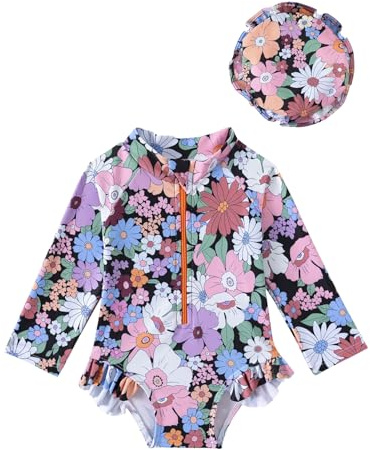 WYTbaby Toddler Baby Girl Swimming Costume Long Sleeve One Piece Baby Swimsuit Ruffle Sun Protection Bathing Suits Summer Beachwear 3-6 Months,Orange