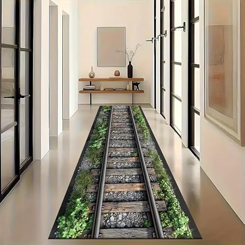 Railway Runner Rug, 120x170cm Train Track Grass Cobblestone Train Runway Fun Runner Rugs, Non-Slip Durable Absorbent Easy Clean Long Hallway Carpet for Living Room Bedroom Dining Room Bathroom