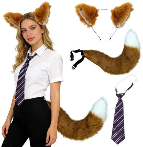 ZXTGBQ 3 Piezas Disfraz De Zorro Para NiñOs Adultos, Incluido Con Diadema Deorejas Dezorro, Cola Dezorro, Corbata, Disfraces De Animales Cosplay Accesorios Para Halloween Carnaval Fiesta Disfraces
