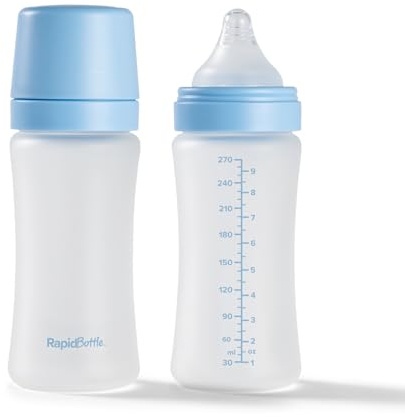 Nuby Pack of 2 RapidBottle Anti-Colic Glass Feeding Bottles - Rapid Bottle with Silicone Coated Glass Bottles with Breast-Like Teat | Quick Feed | No Microplastics | Fast Sterilising | 9oz (Blue)