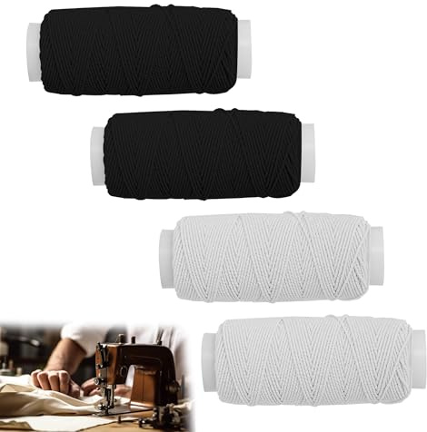 LEOUEANR Juego de 4 hilos de coser elásticos (2 negros + 2 blancos), cordón elástico sin embalar, ideal para costura, diseño de disfraces, pulseras de cuentas, collares y proyectos de fabricación de