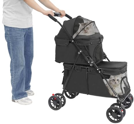 Carrito de 2 capas para perros y gatos, carrito de 2 capas con ventana de red, freno y bolsa de almacenamiento, carrito plegable de doble piso, capacidad de carga de 15 kg - 20 kg (negro)