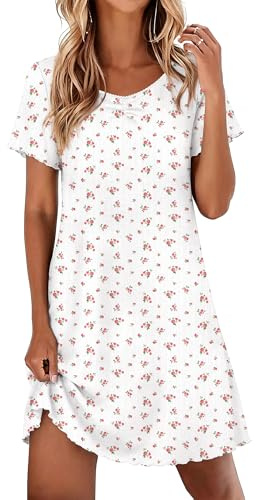 Ekouaer Nightshirt for Women Jacquard Knitted Lace Trim White Roses M