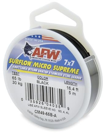 American Fishing Wire Surflon Micro Supreme, Nylon Coated 7x7 Stainless Steel Leader Wire, 65 lb test, 030 diameter, Black, 5 m