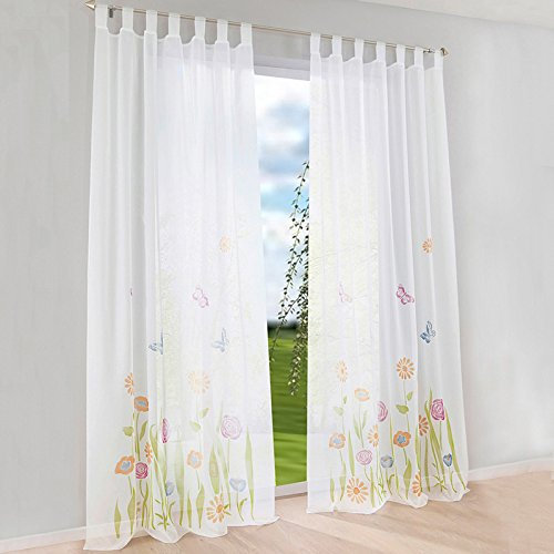 HongYa 1er-Pack Schlaufenschal Voile Gardine Transparenter Vorhang Floral Dekoschal H/B 225/150 cm Grün