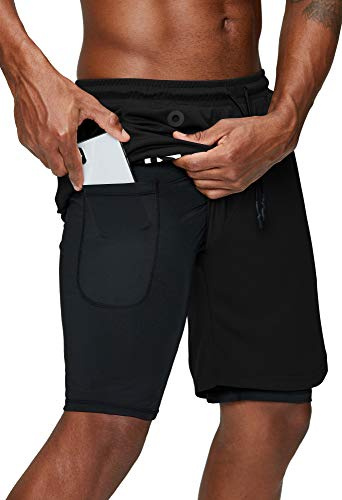 Pinkbomb Men's 2 in 1 Running Shorts Gym Workout Quick Dry Mens Shorts with Phone Pocket (Black, X-Large)