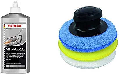 SONAX Polish & Wax Color NanoPro Silber/grau (500 ml) Politur mit Farbpigmenten und Wachsanteilen auf Nanotechnologie-Basis | Art-Nr. 02963000 & Carpoint 1750302 Polierschwamm mit Griff
