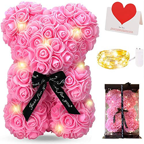 Zodight Oso de Rosas, Oso de Peluche Rosa con Caja Regalo + Cadena de Luz + Tarjetas felicitacion, Oso de Artificial Regalo para Madres/Novia/San Valentín/Cumpleaños/Bodas/Graduación/Aniversarios