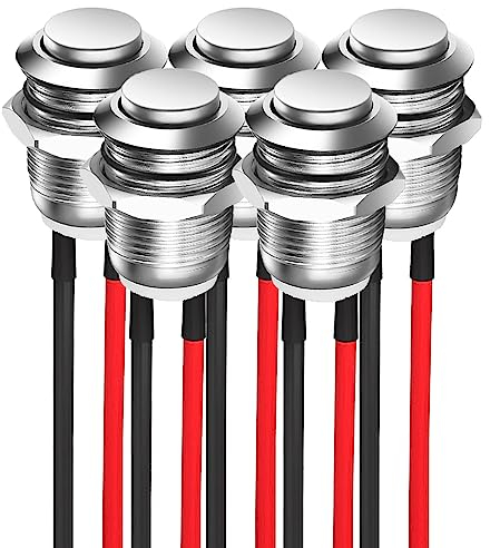 GUUZI 12mm Vorverdrahteter Verriegelnder Druckknopfschalter 2A 12V/24V/125V/250V AC, Selbstsichernder Wasserdichter Knopfschalter 5 Stck (Hoher Kopf)