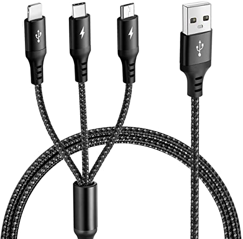 UZAHSK Câble Multi USB 3 en 1 Cord Universel 1.8M/4A Multi USB Câble de Chargement en Nylon avec IP/Type C/Micro/Connecteur Pour Phone 17/16/15/14/13/12/11/X/8/Galaxy/Huawei/Kindle.(Noir)