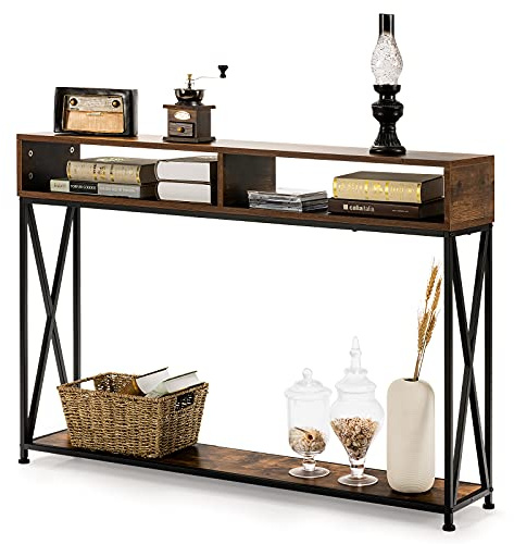 COSTWAY Consolle Ingresso a 2 Livelli, Tavolo Consolle in Legno e Metallo con Ripiani e Piedini Regolabili, Tavolo d’Ingresso Stretto Moderno per Salotto e Corridoio, 120 x 23 x 79 cm (Marrone)