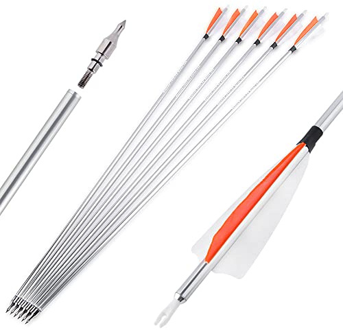 SHARROW Tir à l'arc Flèches en Aluminium 30 Pouces Flèches pour Chasse Spine 500 Arbres de Flèche en Aluminium Fletching Plumes Naturelles pour Arc à Poulies l'arc Classique (6pcs, Orange)