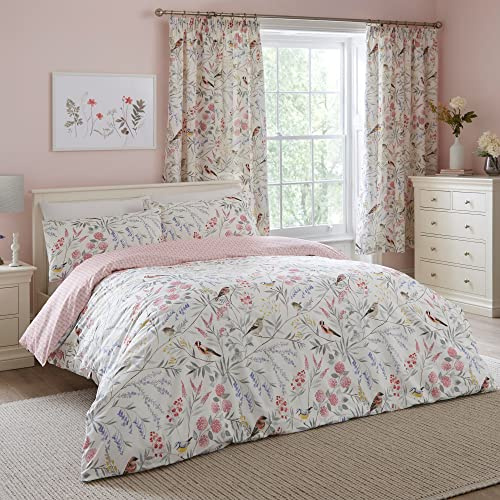 Dreams & Drapes - Pink Floral & Bird Duvet Cover - King Bedding Size (230 x 220cm) - Reversible (2 Designs) - 3 Pieces - Vintage Floral Bedding in Pink - Spring Garden Flower Duvet Cover
