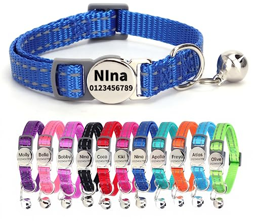 SEOUGEE Cat Collar Quick Release with Personalised Name Tag, Reflective Kitten Collars with Bells & Safety Release, 19-30 CM Adjustable, Dark Blue