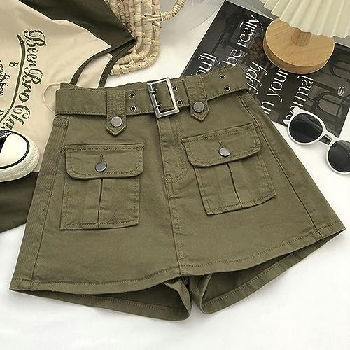 Falda Cargo De Mezclilla Verde Vintage para Mujer Primavera Verano Y2K Cinturón De Bolsillo Grande Mini Faldas Mujer Pantalones Cortos De Cintura Alta Coreana-Verde Ejército-L