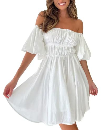 Vestido de verano de manga corta con volantes y cuello oblicuo, vestidos de fiesta sin espalda con hombros descubiertos a la moda para mujer, vestido de fiesta suelto para mujer blanca, bata-Blanco-S