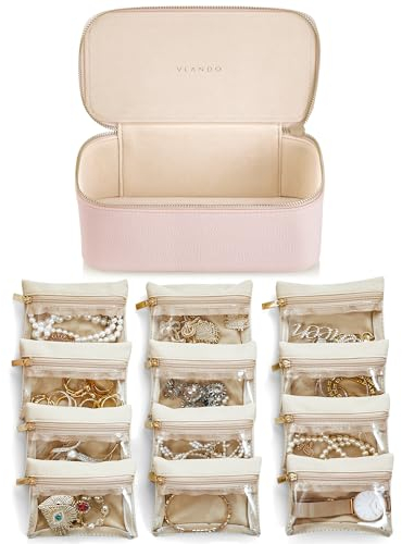 Vlando Boîte à bijoux de voyage, moderne, avec 12 sacs à bijoux, organisateur de bijoux de voyage en cuir, pochette en velours transparent, boîte à bijoux pour femmes et filles, cadeau, rose