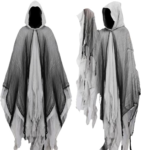 Adults Grim Reaper Cloak, Halloween Death Hooded Costume with Robe Scythe Gloves, Fancy Dress Ghost Cosplay Party Props
